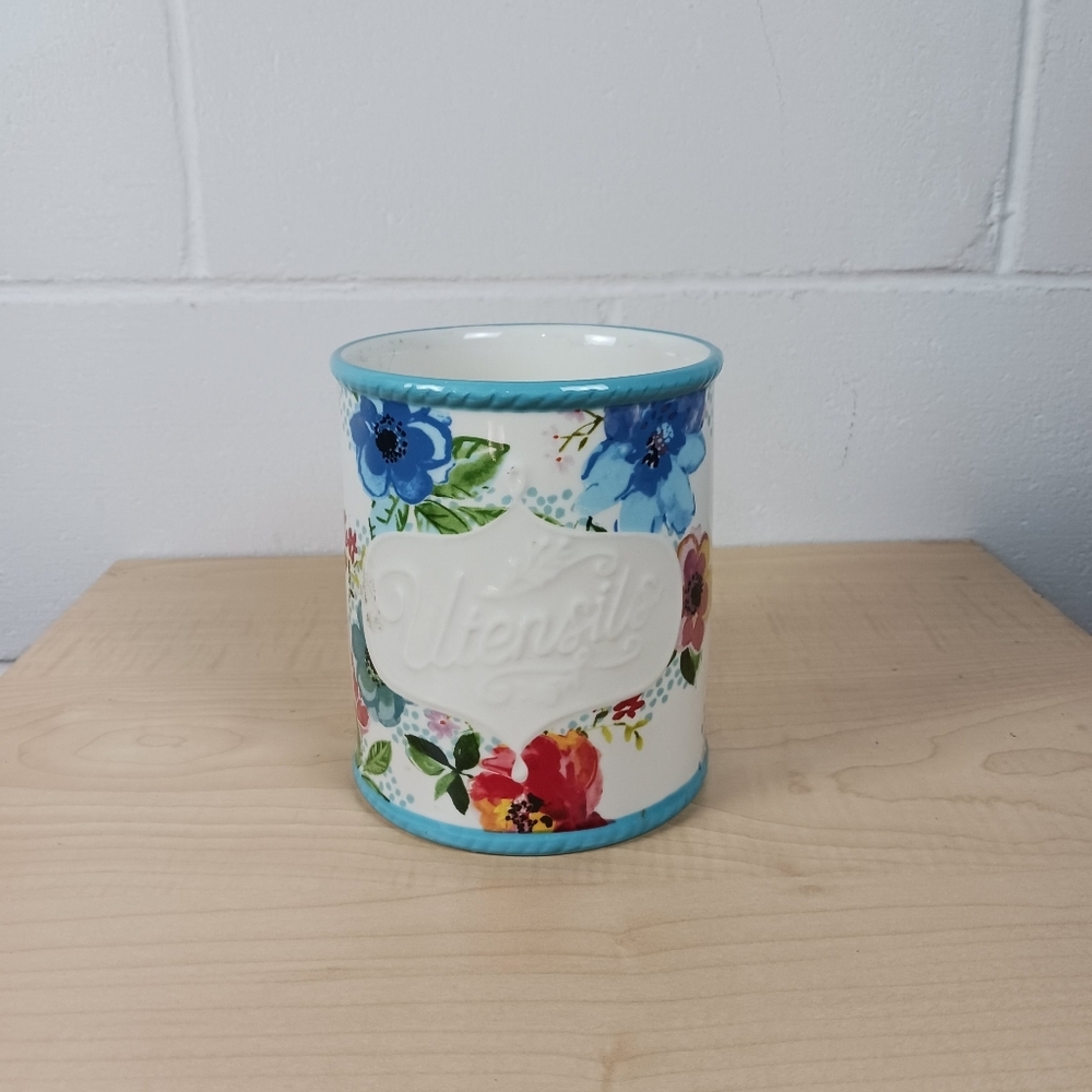 Pioneer Woman Melody Floral Stoneware Farmhouse Utensil Holder Crock Blue/ White